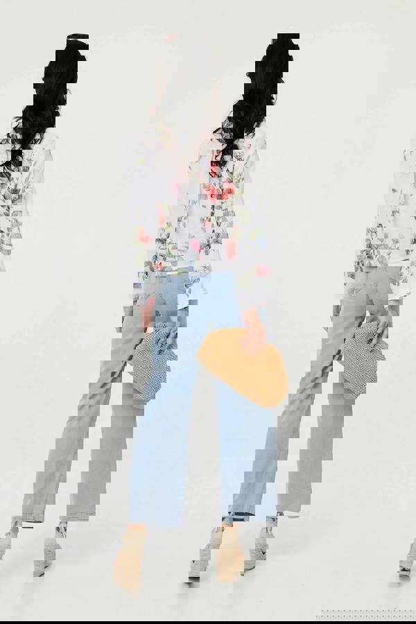 White | Floral 3/4 Turn-Up Sleeve Cropped Shirt