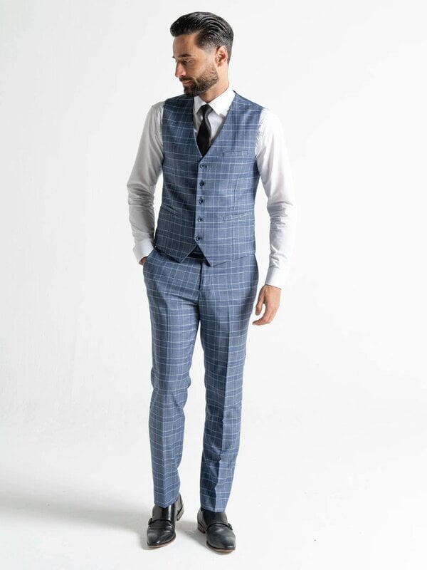 V2 Classic Kensignton Three Piece Suit - Light Blue with White and Blue Checks