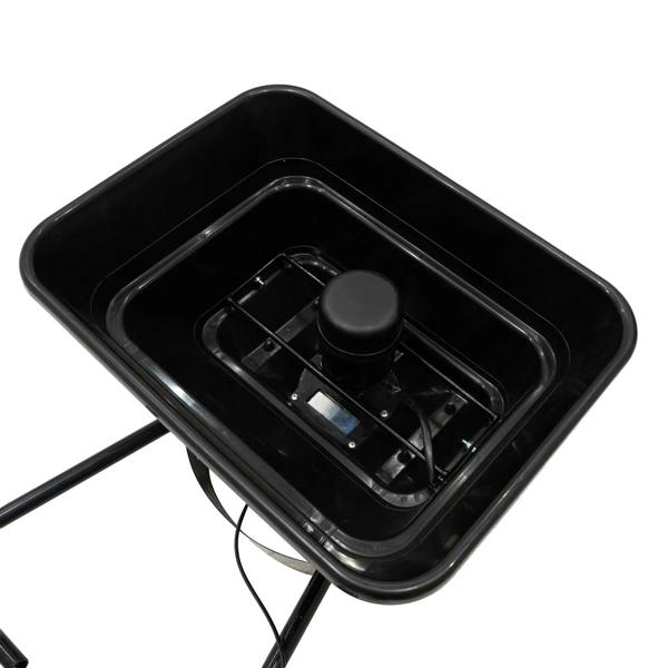 Black ATV mounted spreader with a sturdy frame, featuring a spacious hopper and a central motor for efficient spreading