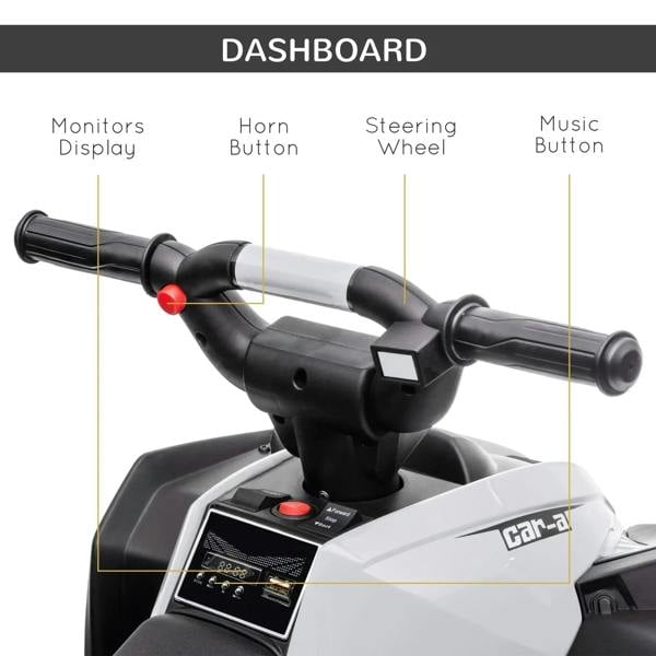 White quad bike dashboard with horn button, music button, and monitor display