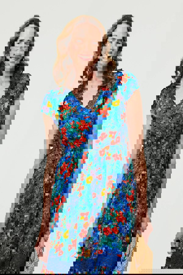 Blue | Floral Lace Trim Cap Sleeve Midi Dress
