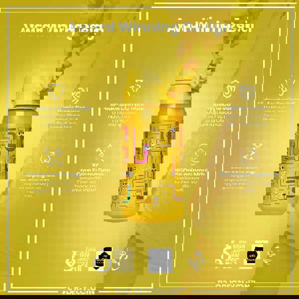 A yellow water bottle, featuring a maze design and a hide-away handle, is being held against a yellow background. The bottle boasts a crevice-free design and wide mouth for easy cleaning and refills. Award logos are displayed below.