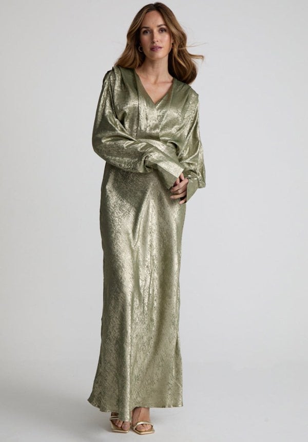 Paloma Metallic V-Neck Maxi Dress In Khaki

