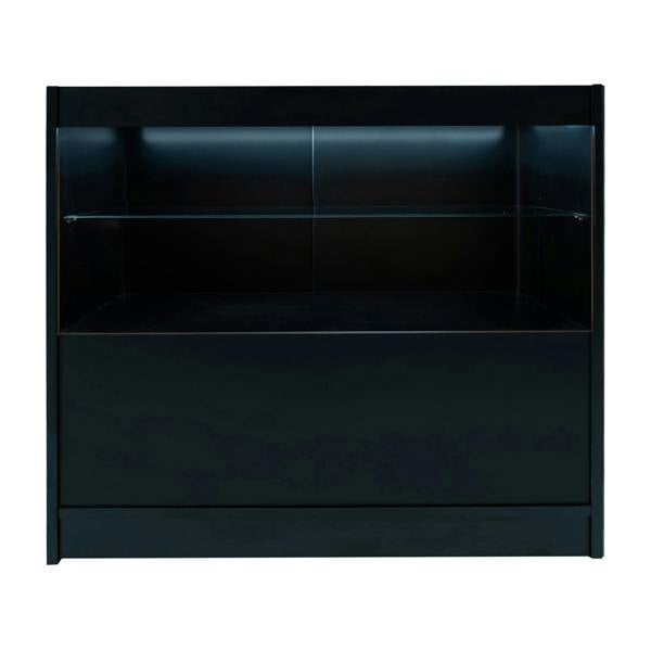 Black Eclipse LED shop counter set featuring sleek design, glass shelves, and modern lighting for retail display and organization
