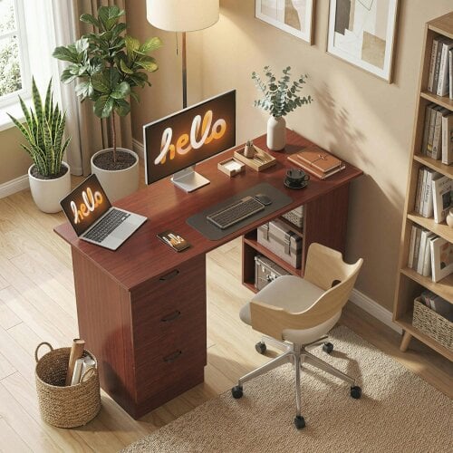 Wyld Haus Mimi 120cm Wooden Walnut Brown Home Office Desk With 3 Shelves And Drawer Storage