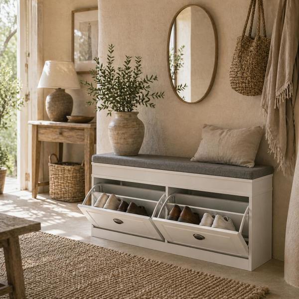 Wyld Haus Nedola Wooden White Shoe Storage Bench With Cushioned Seat 2 Flip Drawers