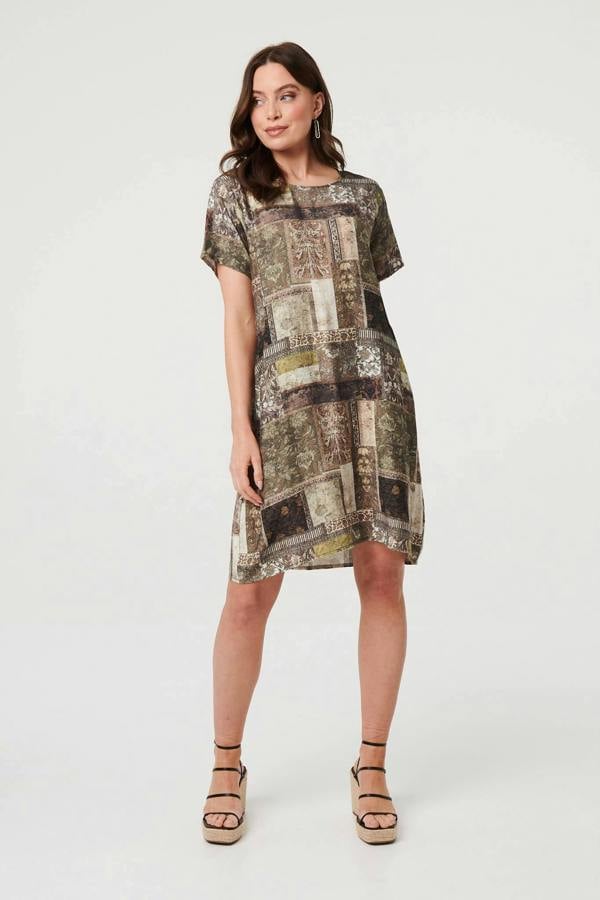 Khaki | Patchwork Pocket Knee Length Shift Dress