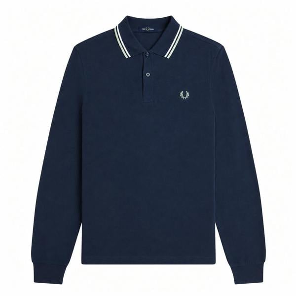 Fred Perry Long Sleeve Twin Tipped Polo Shirt Dark Airforce/Ecru/Seagrass