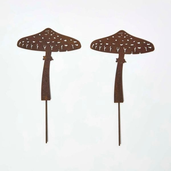 HOMESCAPES Steel Parasol Mushroom Garden Stake Decorations, Set of 2