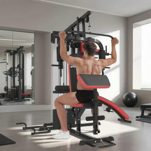 Bobobiy SPORTNOW Multi Gym Workout Station, Weight Machine with 65kg Weight Stack, Sit Up Bench, Push Up Stand, Dip Station
