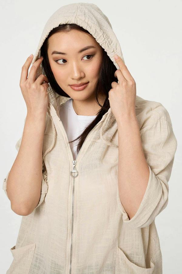 Linen | 3/4 Sleeve Hooded Zip Front Jacket