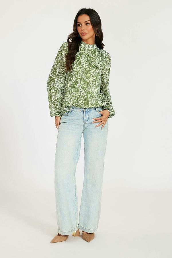 FS Collection Silver Thread Leaf Print Long Sleeve Blouse Top In Green