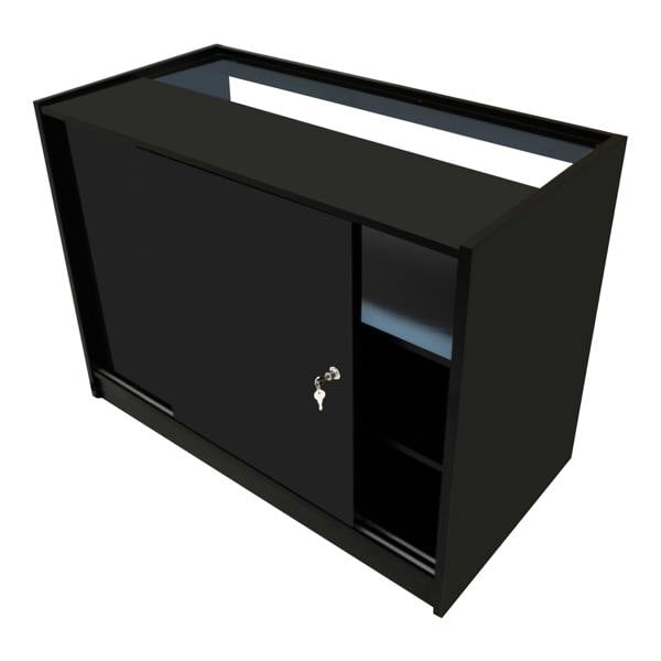Gravity LED Shop Counter Set in black, featuring a sleek design with sliding doors, storage shelves, and a smooth finish