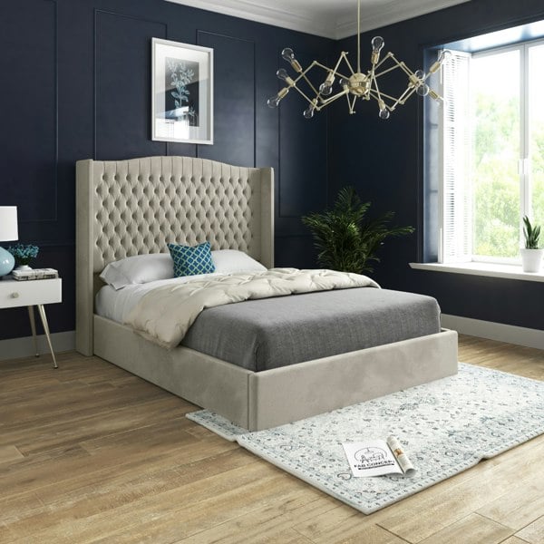 Casa Magna Rana Curved Top Winged Upholstered Soft Velvet Bed Frame - Cream