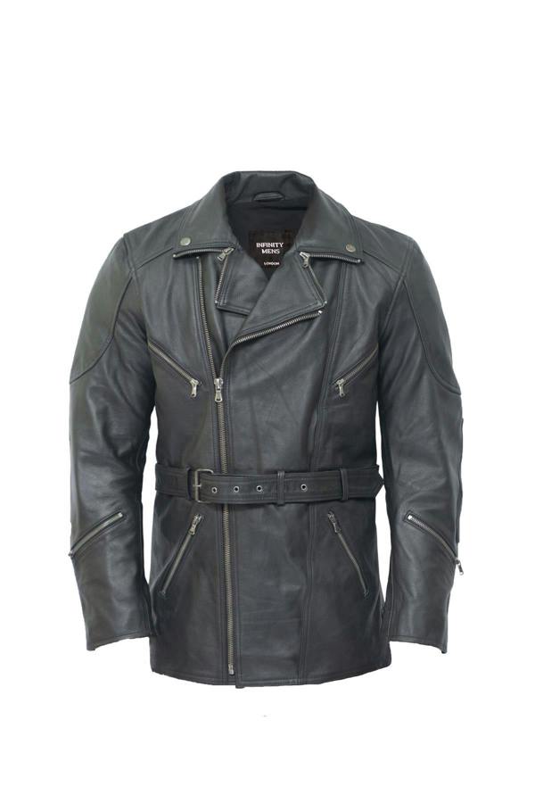 Infinity Leather Mens Cross Zip Mid-Length CE Armour Biker Jacket