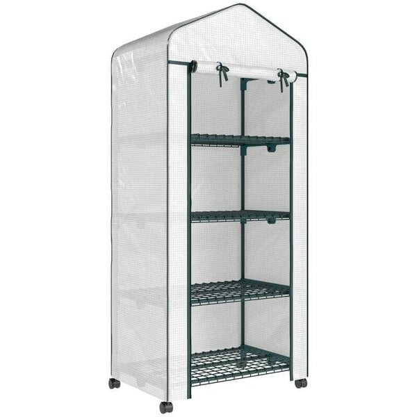 Bobobiy 4 Tier Mini Portable Greenhouse Compact Plant Grow Shed Metal Frame PE Cover with Lockable Rolling Wheels, White