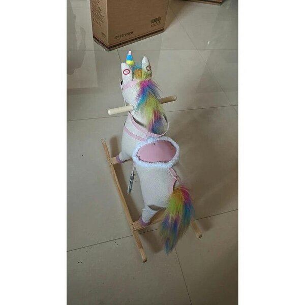 Rocking Horse, Unicorn Ride on Horse with Sounds and Stable Wooden Base for 1-3 Years, Cream White