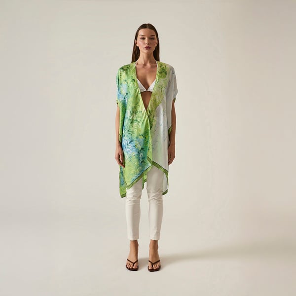Flowy green kaftan with watercolor design