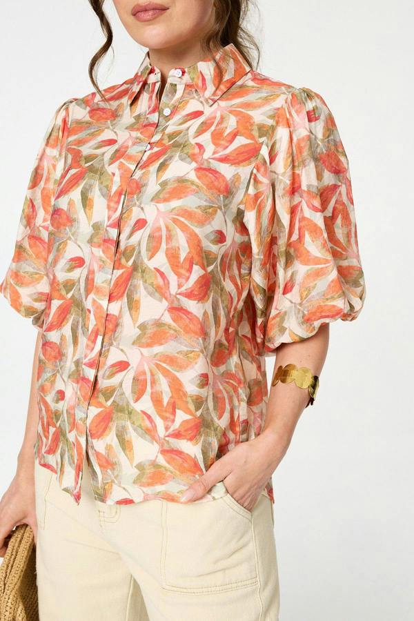 Orange | Leaf Print 1/2 Puff Sleeve Shirt