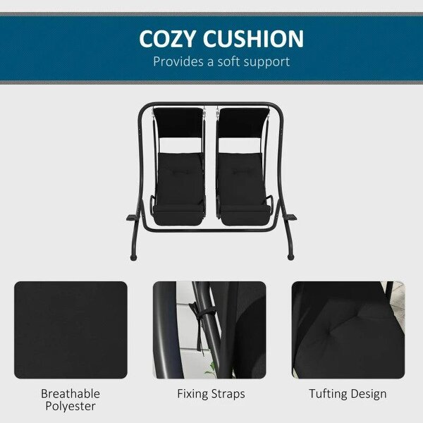 Two-Seat Garden Swing Chair, with Protective Canopy - Black