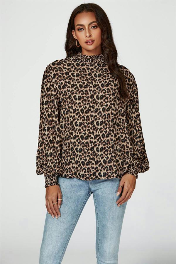 FS Collection Leopard Print Long Sleeve High Neck Blouse In Brown