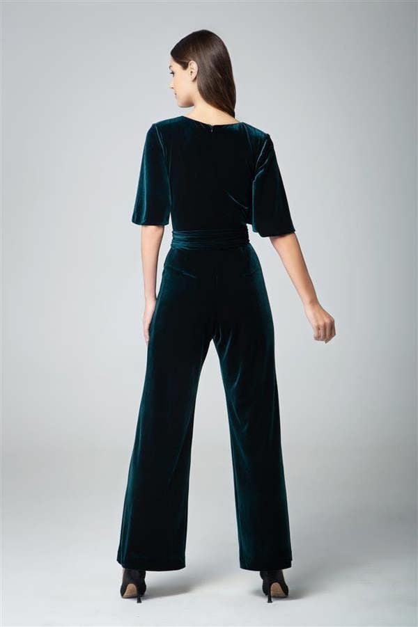 Rumour London Layla velvet jumpsuit with bell sleeves and sash in emerald green