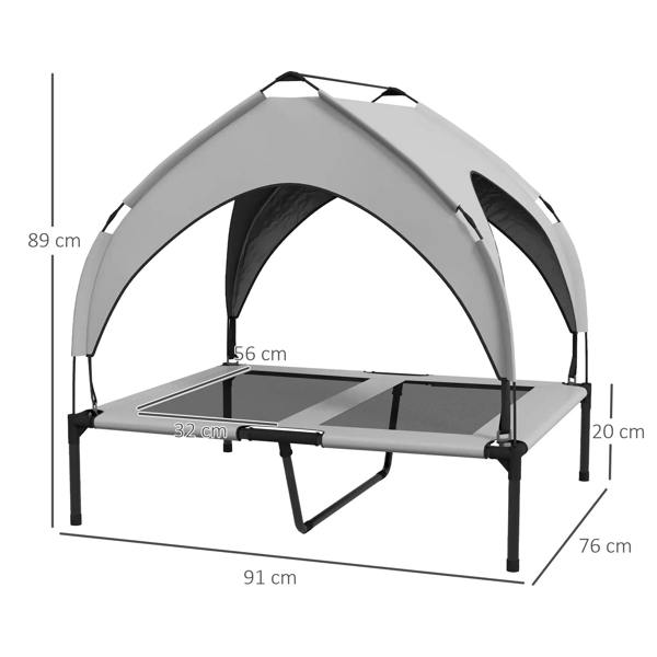 Light grey raised dog bed with breathable mesh canopy and elevated platform