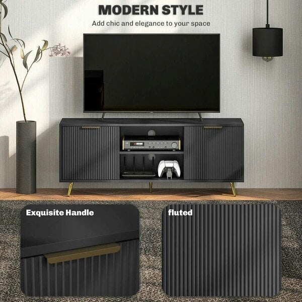Modern TV Stand Cabinet for TVs up to 55", 2 Open Shelves & 2 Cabinets, Entertainment Centre - Cable Management for Living Room, Black