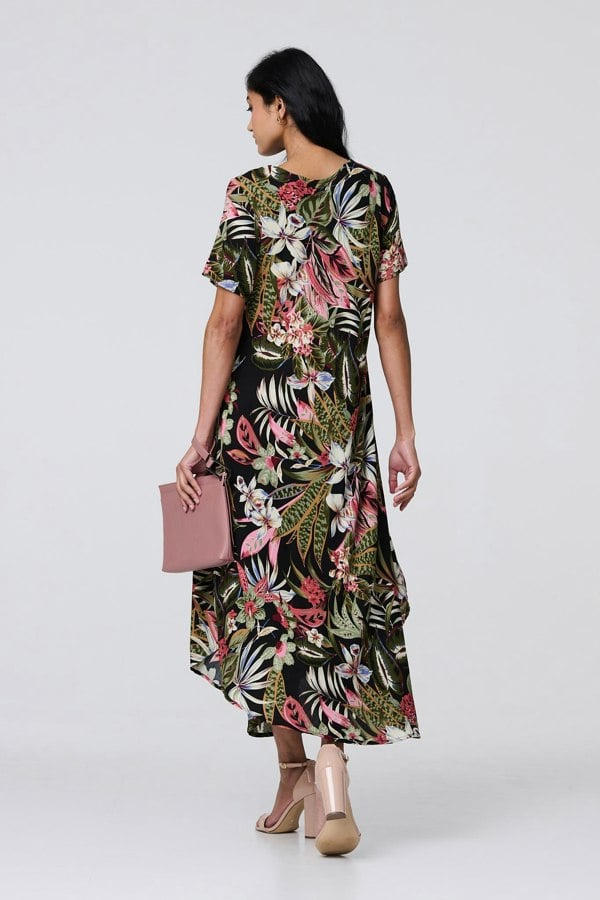 Black | Tropical Print 1/2 Sleeve Maxi Dress