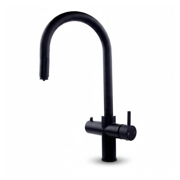 A modern round neck matt black boiling water tap on a white background