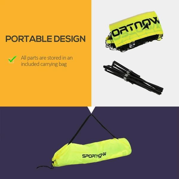 Folded badminton net kit with neon yellow carry bag and black frame pieces
