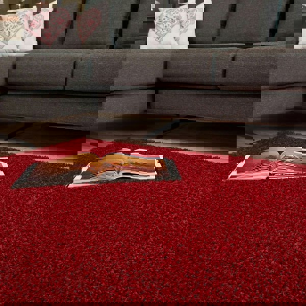 Shaggy Rug Plain Red non-shedding easy to clean