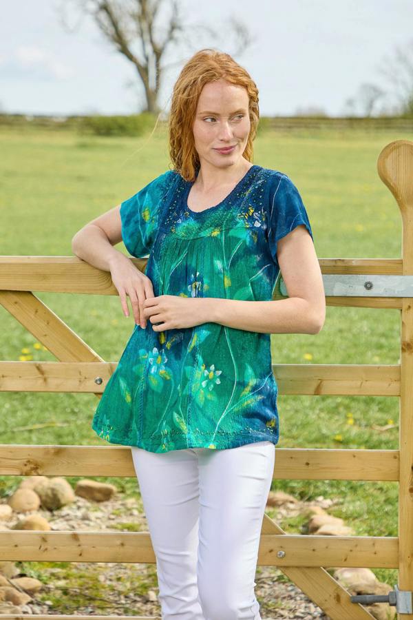 Mudflower Painted Floral Embellished Tie Dye Top