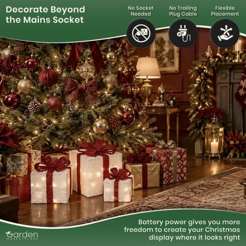 Light Up Christmas Parcels - Set of 3, White and Red with 35 White LEDs