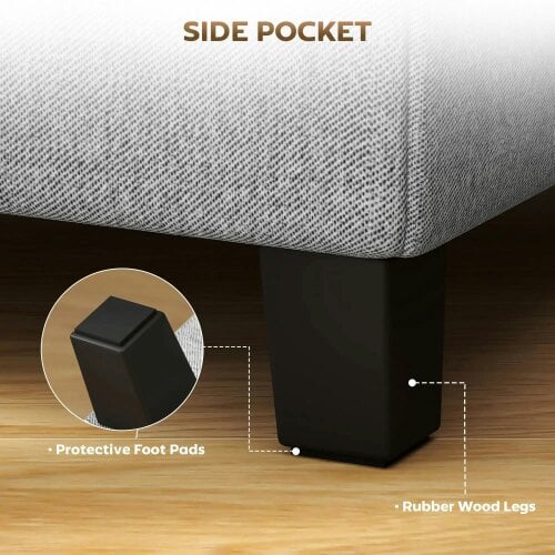 Wyld Haus Linen Light Grey Compact Square Footstool With Side Pocket And Black Wooden Legs