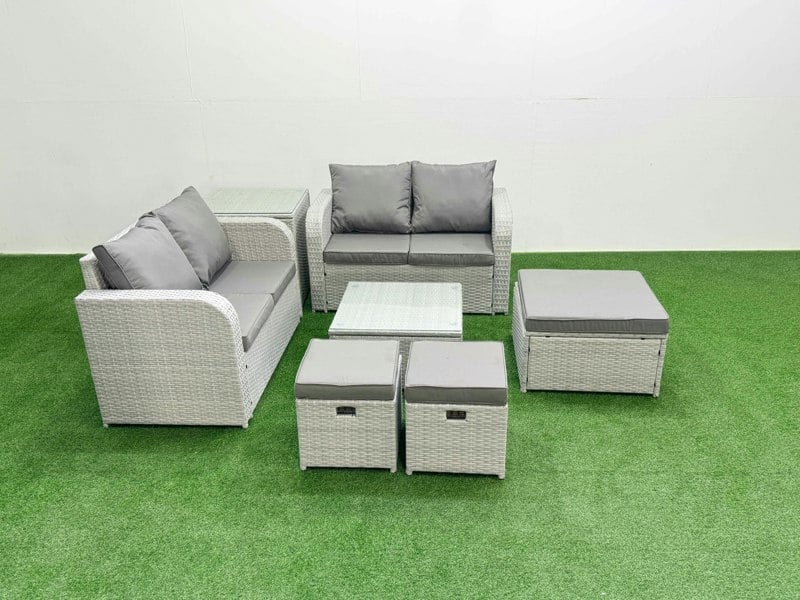 Fimous 7 Seater Outdoor Love Sofa Set Rattan Garden Furniture Set with Square Coffee Table 3 Footstool Side Table Light Grey