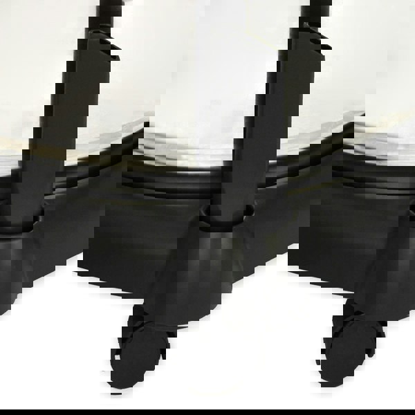 Close-up of the Gutter Vacuum's black plastic base with a clear tank, featuring a sturdy wheel for easy mobility and a sleek design