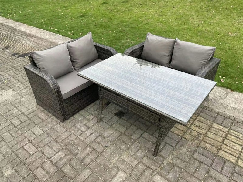 Fimous Dark Grey PE Wicker Rattan Garden Furniture Set Love Sofa 2 Seater Sofa Set Outdoor Rectangular Dining Table 4 Seater