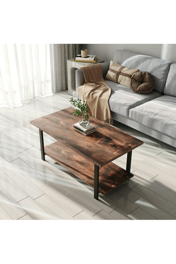 Living and Home Rustic Coffee Table with Storage Shelf