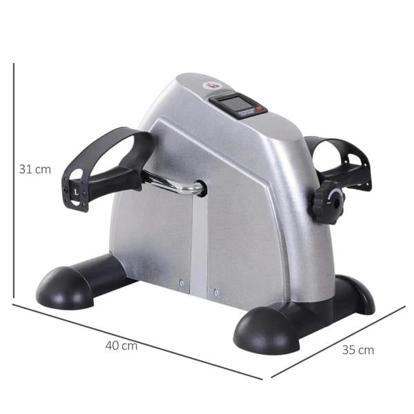 Silver portable pedal exerciser with dual pedals, arm grips, and LCD top
