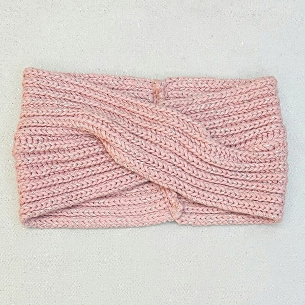 Winter Headband Pink with Brooch in Organic Cotton Lurex Ear Warmer