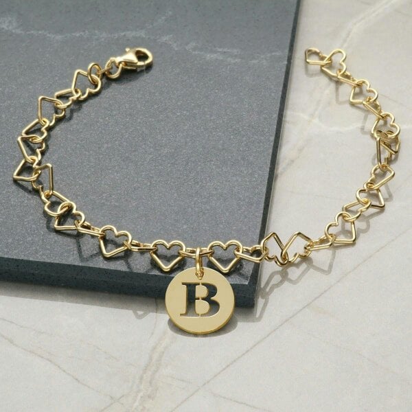 Christopher James of London 9ct Yellow Gold Plated Light Heart Charm Anklet With Initial Disc Charm