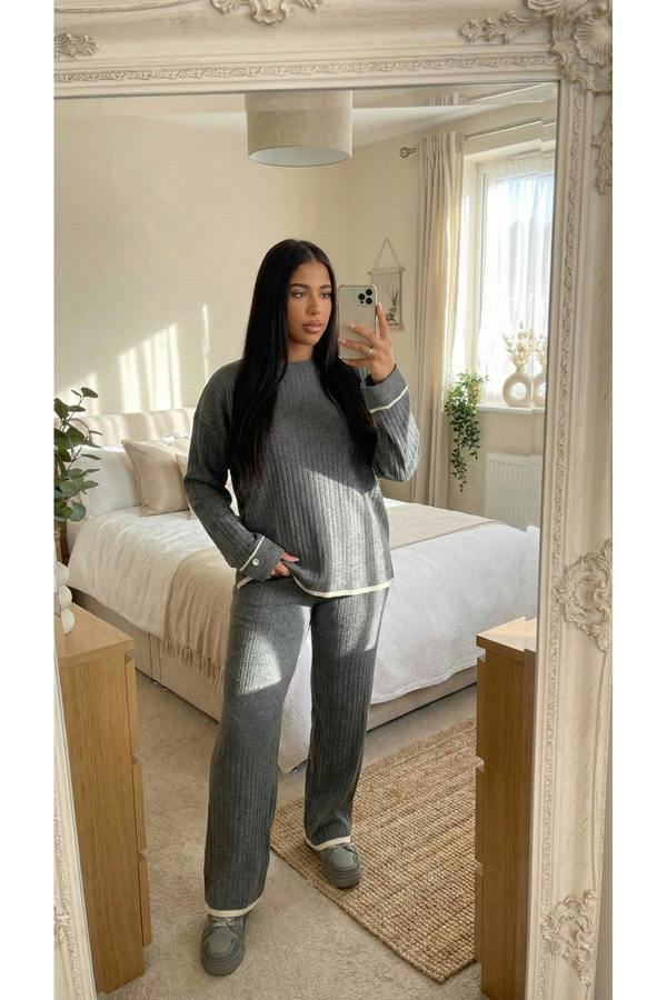 Lara Ribbed Contrast Trim Top And Wide Leg Trouser Co-ord Set - Grey