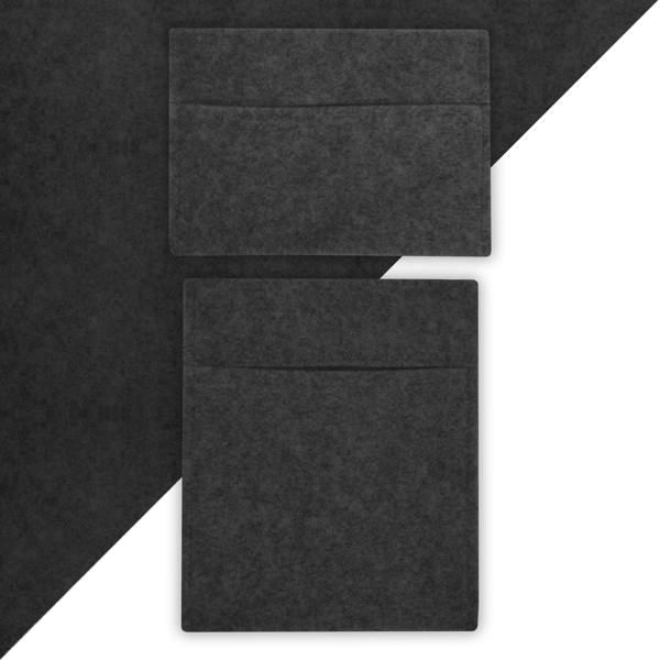 Anthracite grey storage pouches featuring a sleek, minimalist design with soft felt texture and two spacious compartments for organization