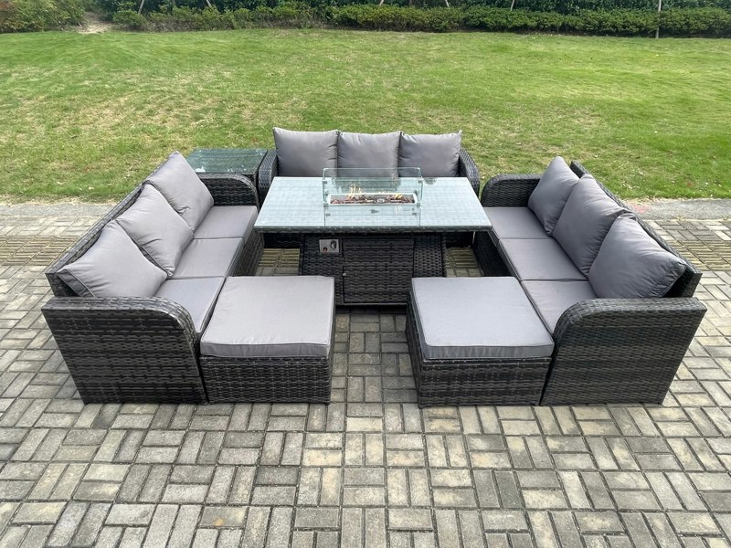 Fimous Rattan Outdoor Garden Furniture Set with Gas Fire Pit Tabl, Side Table, 3 Sofas, 2 Large Footstools - 11 Seater - Dark Grey