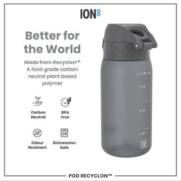 A gray water bottle sits on a white background. It is made from Recyclon™, a food-grade, carbon-neutral plant-based polymer. The bottle is BPA-free, odour-resistant, and dishwasher safe.