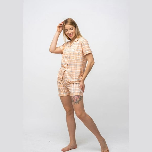 The Colourful Aura Orange and White Checkered Soft Cotton Night Suit Nightwear Women's Payjama Set