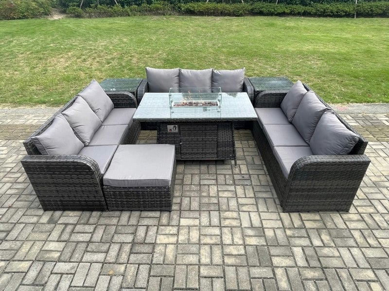 Fimous Rattan Outdoor Garden Furniture Set with Gas Fire Pit Table, 2 Side Tables, 3 Sofas, 1 Footstool - 10 Seater - Dark Grey