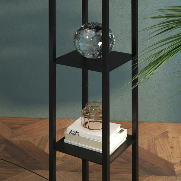 Black three-tier shelf floor lamp with decorative sphere and base light