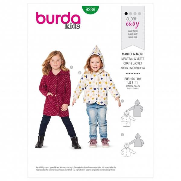Burda Sewing Pattern 9289 Jackets and Coats For Kids, 104 to 146 - Easy